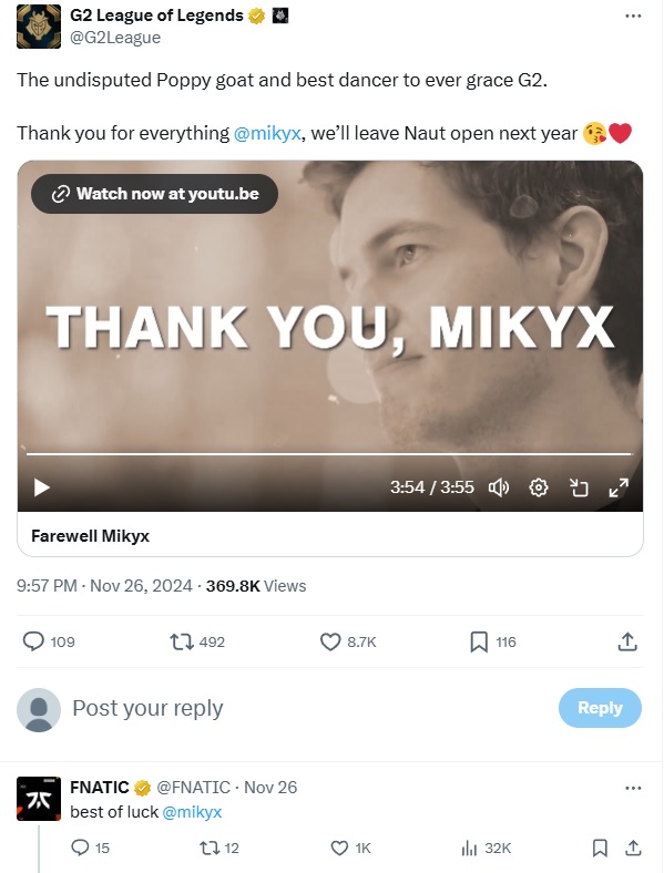 Fnatic commented "best of luck" on Mikyx's departure from G2 Esports.