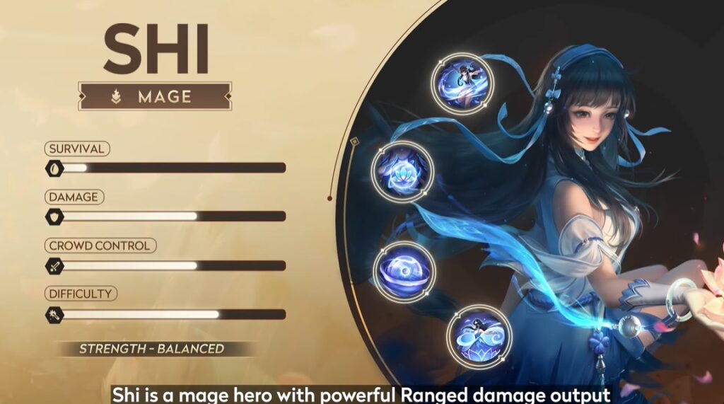 As a Mage, Shi has high damage and crowd control output. However, she is considered as a hero that is hard to master.