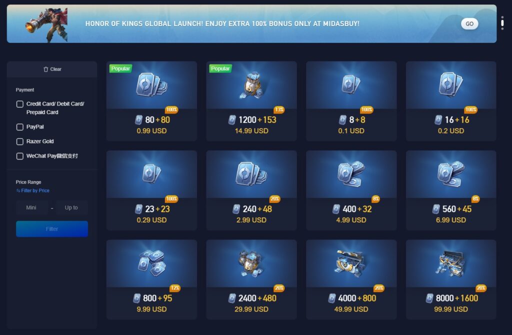 Honor of Kings Token price on midasbuy.