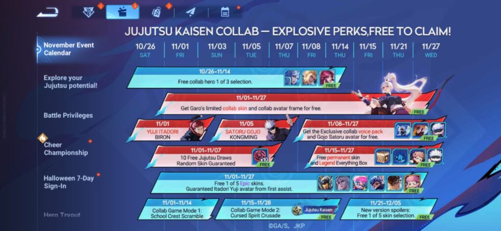 Collaboration calendar highlights a full month Jujutsu Kaisen-themed events on November 2024.