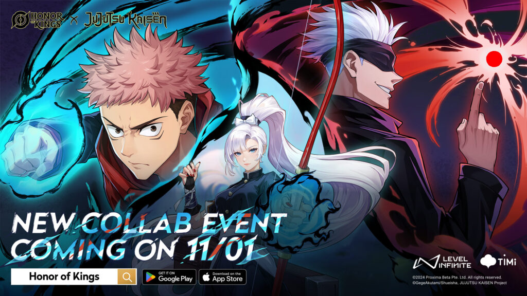 Honor of Kings X Jujutsu Kaisen collaboration poster, featuring Yuji Itadori and Gojo Satoru from Jujutsu Kaisen, as well as Garo from Honor of Kings.