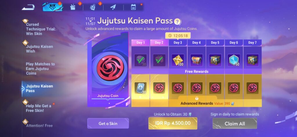 Subscribe and complete the Jujutsu Kaisen Pass to obtain 6 Jujutsu Coins.