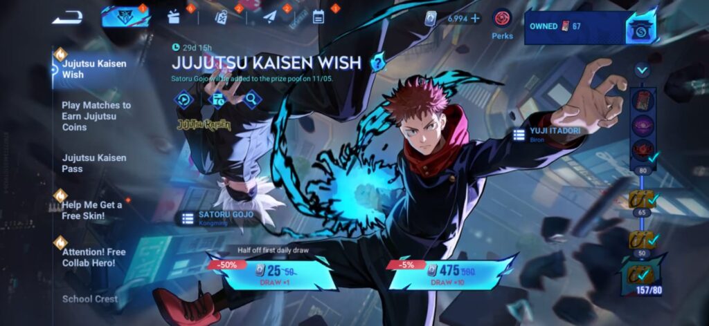 Collaboration event, Jujutsu Kaisen Wish, features Gojo Satoru and Yuji Itadori-themed skins among other items.