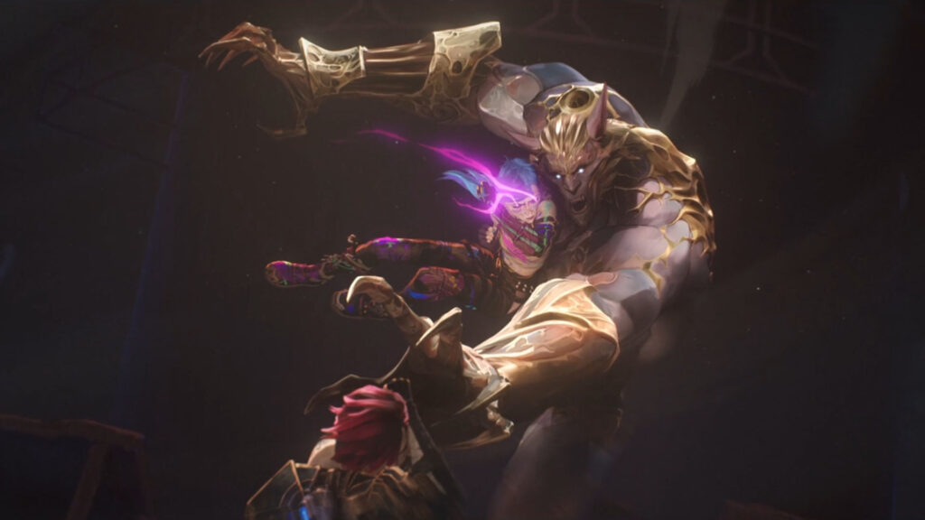 Jinx strike Warwick in Arcane to save Vi.