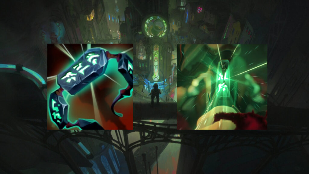 On the background, a picture of Zaun. On the front, both the Kaenic Rookern LoL item and Ambessa's guard activating the runes on his weapon in Arcane Season 2.