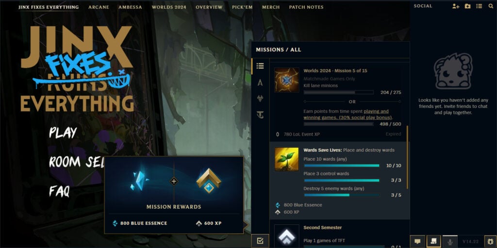 Access your list of active missions in League of Legends via the scroll icon in the bottom right corner. The image shows an example of LoL missions: A guide for beginners