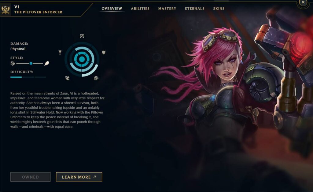 The screenshot shows the wheel of abilities for Vi in League of Legends: A guide for beginners at LoL