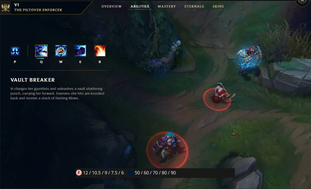 The image shows the Q ability of Vi in League of Legends: description and stats.