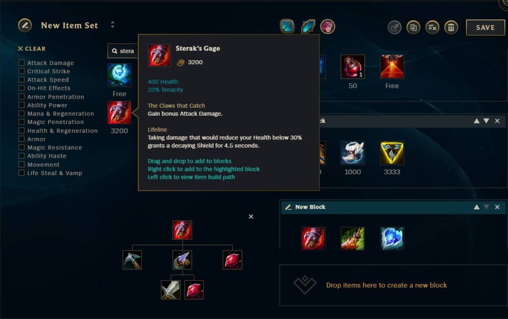 Sterak’s Gage in an items build for Vi in LoL