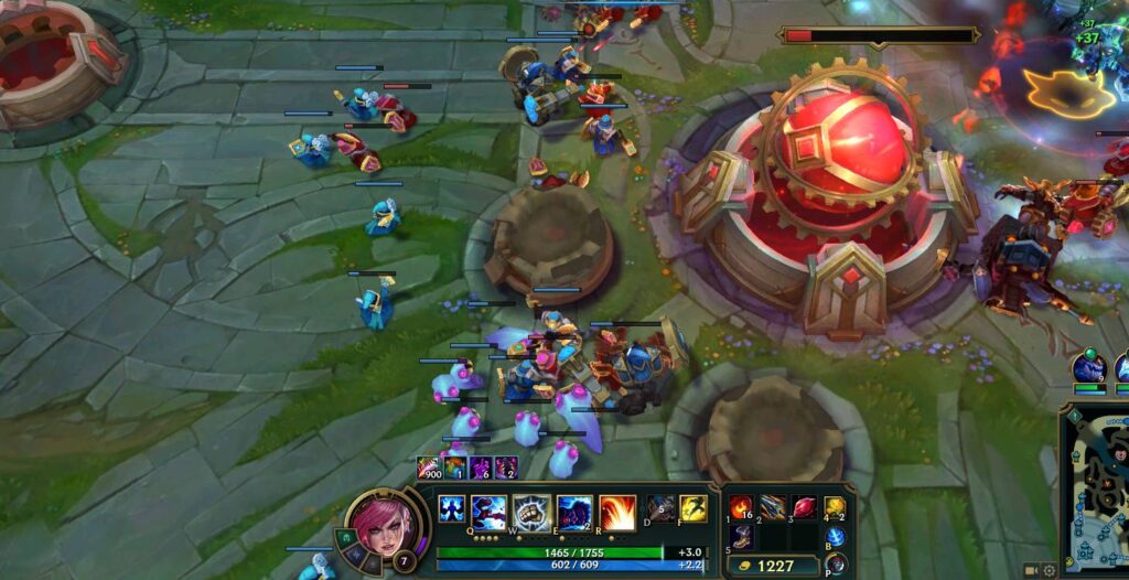 The screenshot shows the last moments before destroying Nexus and winning a League of Legends match with Vi