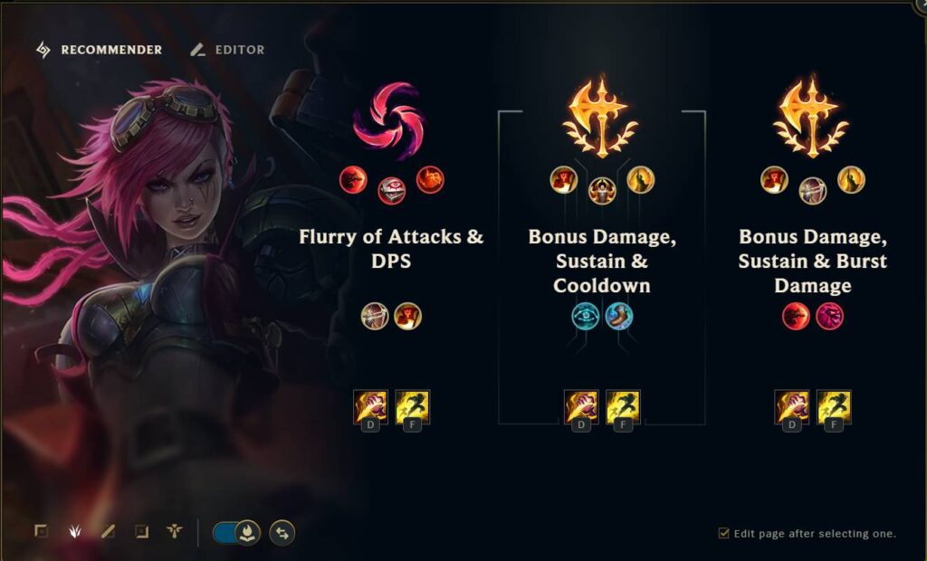 The image shows recommended builds for LoL Vi: Runes for this Champion in League of Legends
