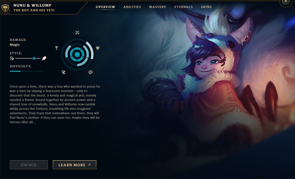 The image is the game page for the LoL Champion Nunu & Willump: In the Tips and tricks article for League of Legends beginners