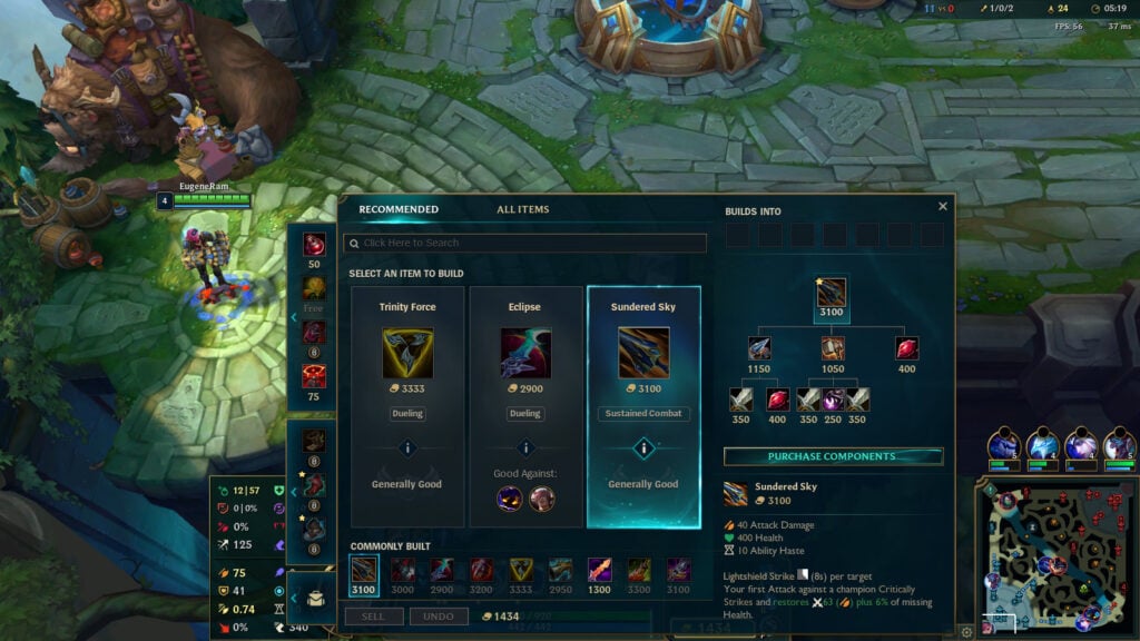 League of Legends beginners guide: The screen with the selection of recommended items for the Arcane LoL Champion Vi