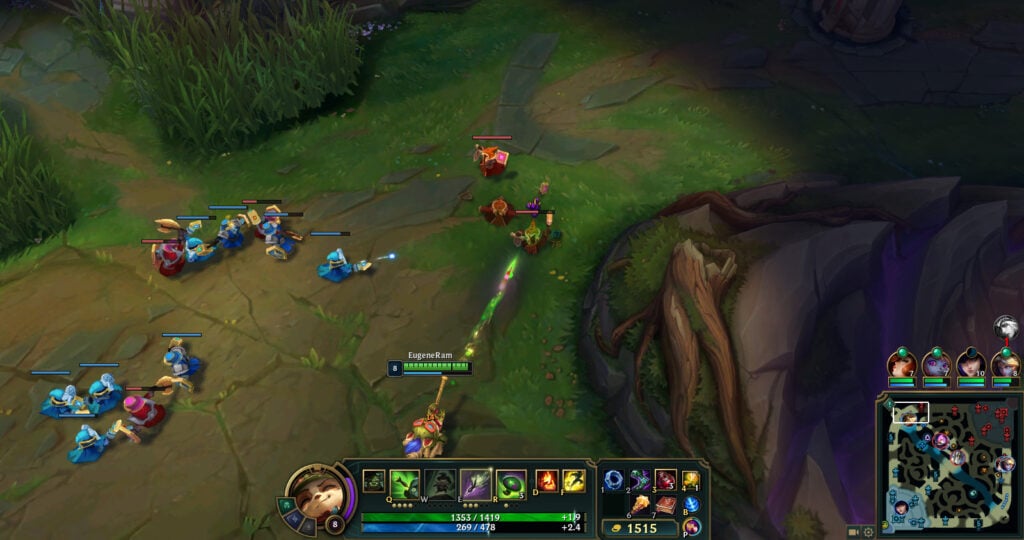 The game screenshot shows the process of farming mobs on the Top lane in League of Legends: The LoL beginner guide with tips and tricks about the laning phase.