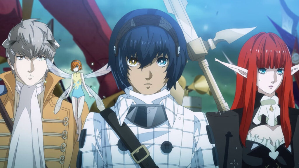 Scene from the game featuring four out of the five main characters