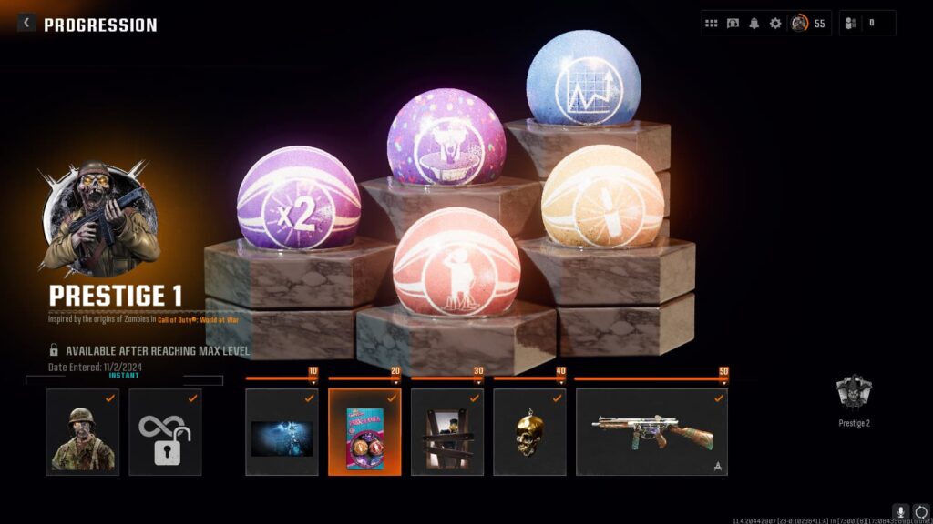 A 2XP GobbleGum pack shown as a prestige reward.