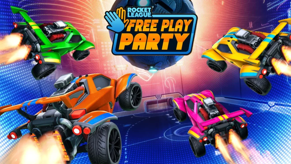 The image is a poster for the Rocket League Season 17 limited time event Free Party. It features a few game cars with Black Dieci wheels