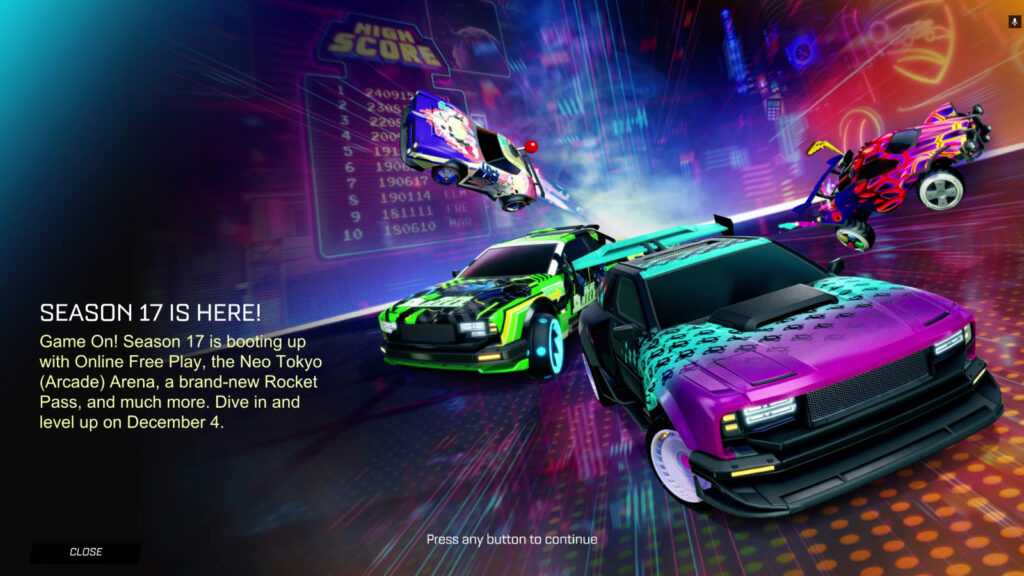 The screenshot from Rocket League features an announcement of the game’s Season 17