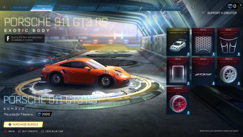 The screenshot from the game Rocket League features the bundle with the sports car Porsche 911 GT3 RS