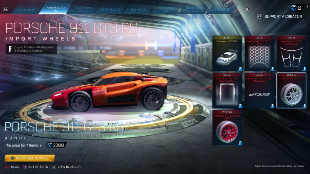 The image shows the wheels for the car Porsche 911 GT3 RS in Rocket League