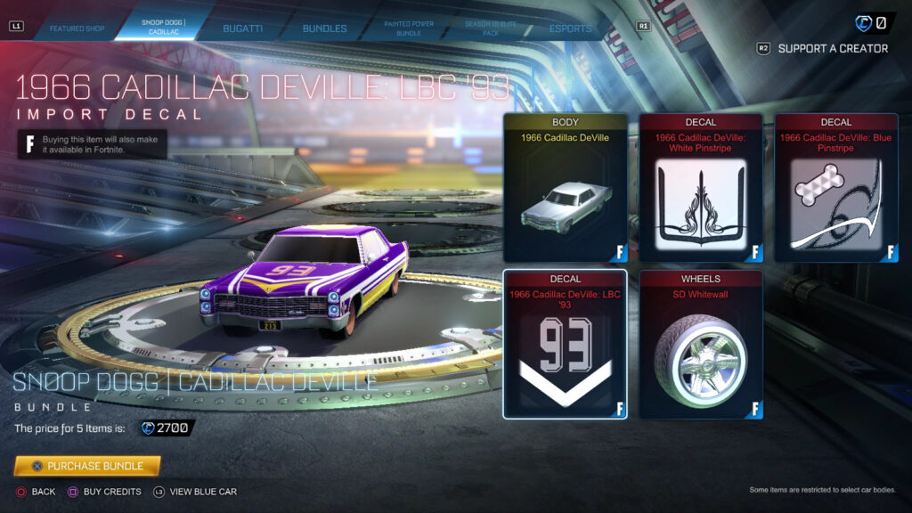 The screenshot shows the Snoop Dogg Rocket League Bundle: the car 1966 Cadillac DeVille with the Decal LBC ‘93