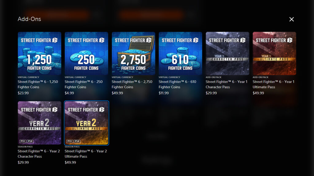 The screenshot from PlayStation Store, showing SF6 Fighter Coins prices
