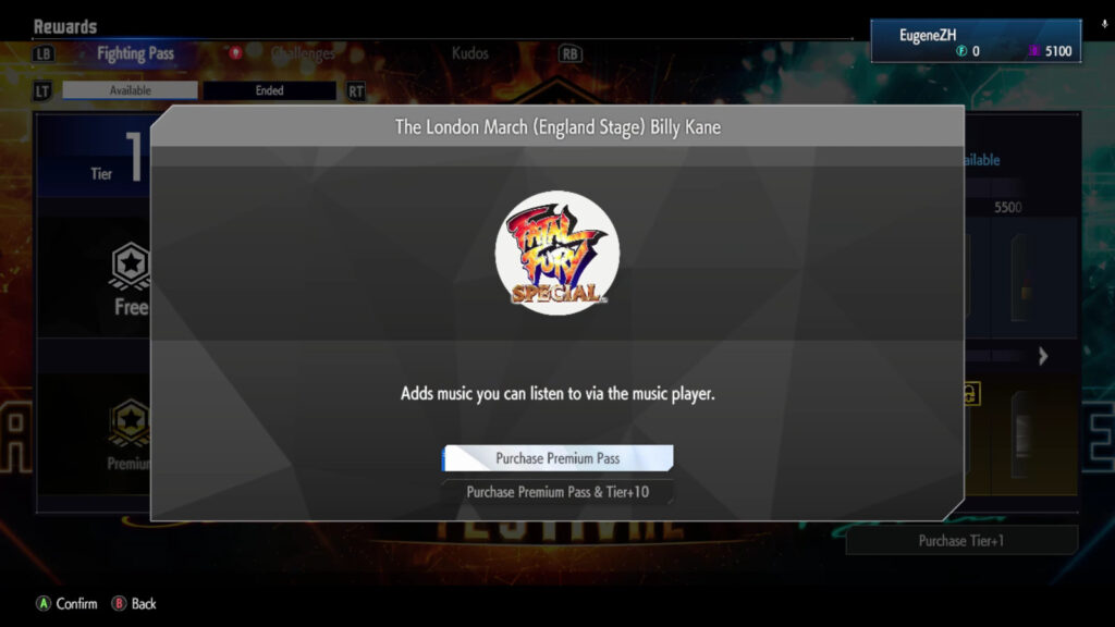 You can get pieces of the Fatal Fury soundtrack in the SF6 Fighting Pass. The image shows The London March (England Stage) Billy Kane