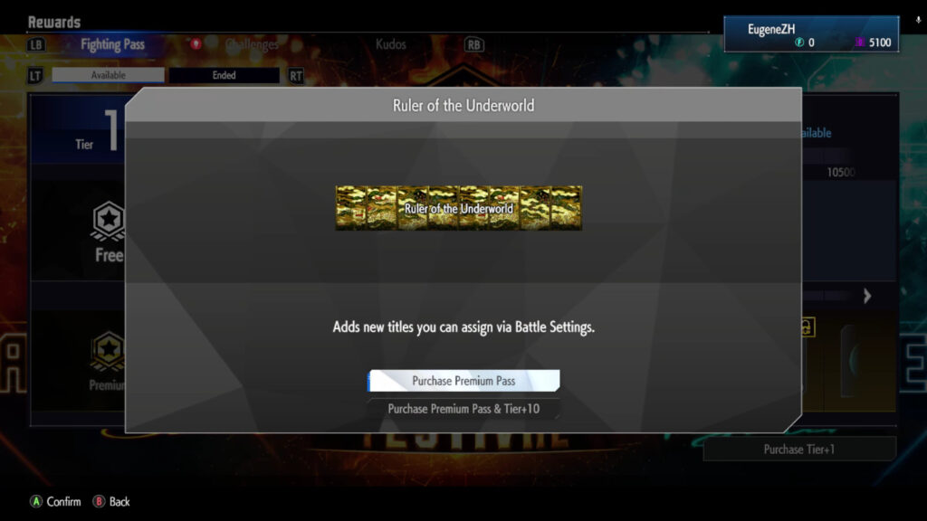 This screenshot shows one of the rewards in the Fighting Pass of Street Fighter 6 — Fatal Fury Festivities. Earn the title Ruler of the Underworld.