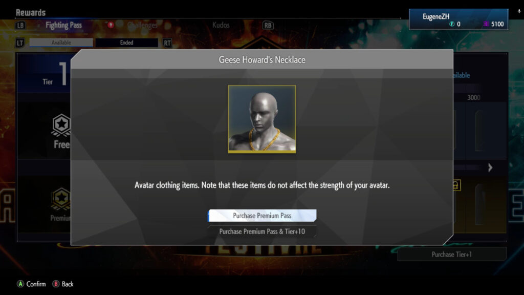 The image shows a reward in the SF6 Fatal Fury Festivities — the avatar clothing item Geese Howard’s Necklace