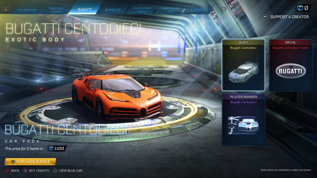 The limited-edition sports car Bugatti Centodieci in the game Rocket League