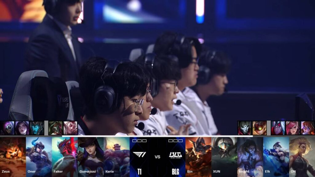 It’s a screenshot from the LoL esports stream T1 vs BLG: Champions picks and bans, including Caitlyn, an Arcane League of Legends character