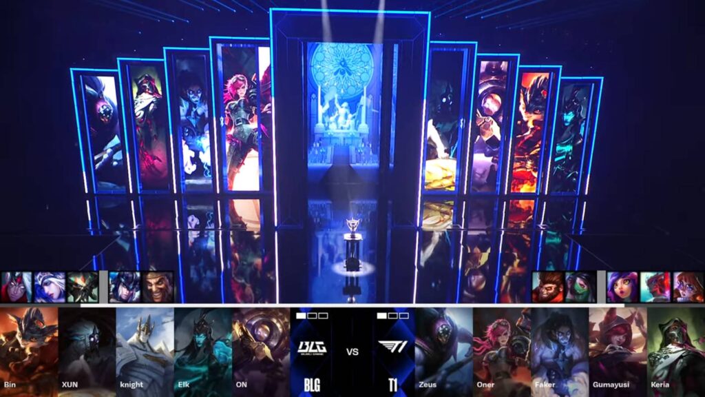 It’s a screenshot from the LoL esports stream T1 vs BLG: Champions picks and bans, including Vi, an Arcane League of Legends character
