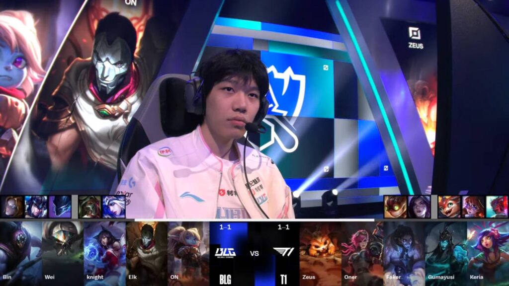 It’s a screenshot from the LoL esports stream T1 vs BLG: Champions picks and bans, including Vi, an Arcane League of Legends character