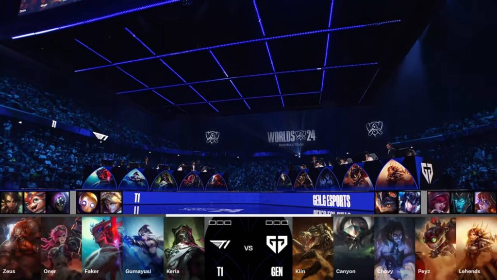 It’s a screenshot from the LoL esports stream T1 vs Gen.G Game 1: Champions picks and bans, including Vi, an Arcane League of Legends character