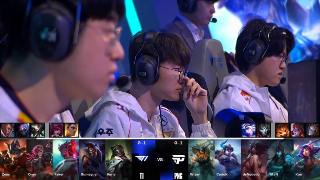 It’s a screenshot from the LoL esports stream T1 vs PNG: Champions picks and bans, including Vi, an Arcane League of Legends character