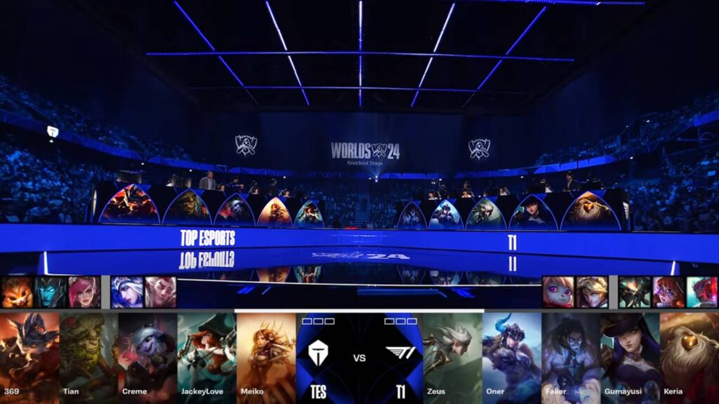 It’s a screenshot from the LoL esports stream T1 vs Top Esports: Champions picks and bans, including Caitlyn, an Arcane League of Legends character