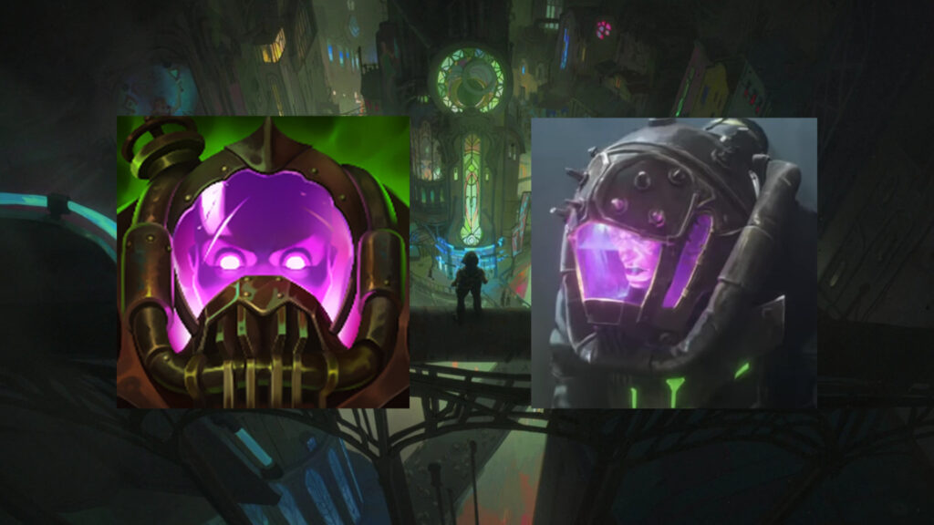 Side by side, the turbo chemtank item and the chem guard from arcane. On the background, a picture of Zaun