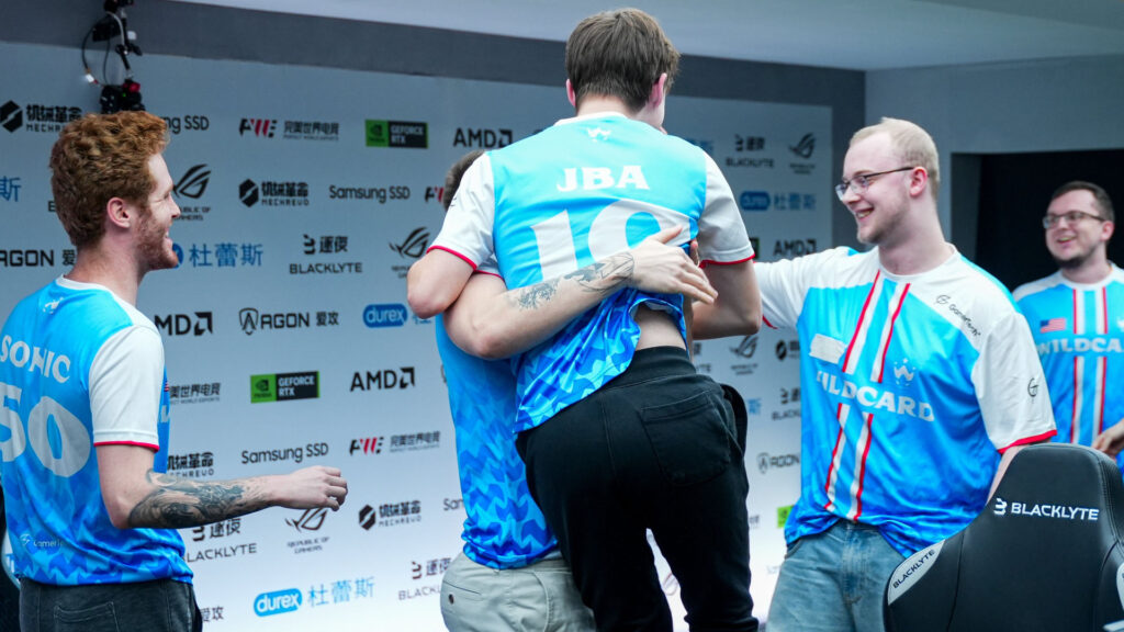 Wildcard, NA/EU CS2 team, celebrates victory against Fnatic at the Shanghai Major.