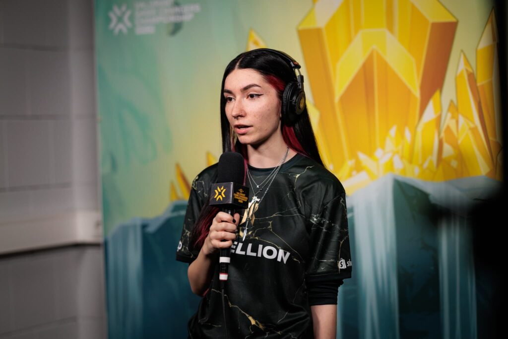 alexis of Shopify Rebellion speaks during post match interview at the 2024 VALORANT Game Changers Championship Knockouts stage in Berlin, Germany on November 13, 2024. 