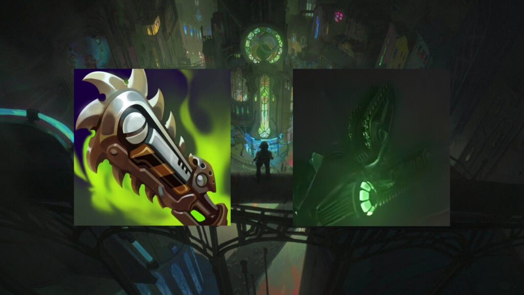 On the background, a Zaun picture. On the front, the Chempunk Chainsword item and Renni's chainsaw