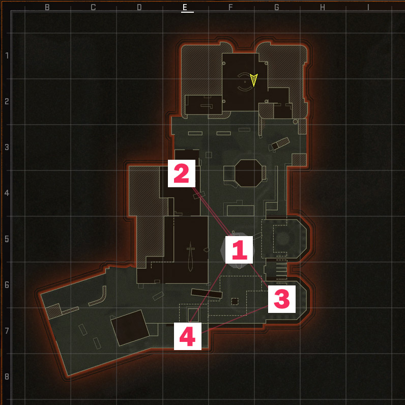 An image of the locations of each Hardpoint for a Call of Duty Black Ops 6 map.