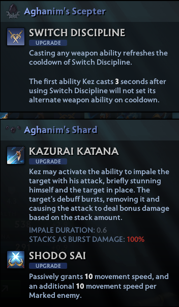 The Aghanim's Scepter and Shard upgrades for Kez at launch in Dota 2.