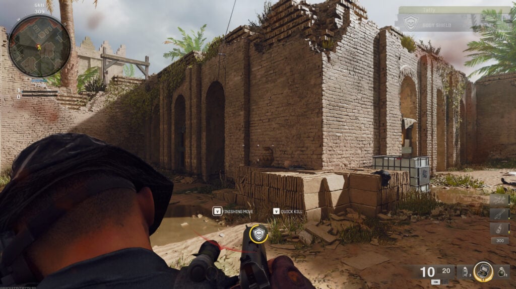 A player uses an enemy as a body shield in Call of Duty.