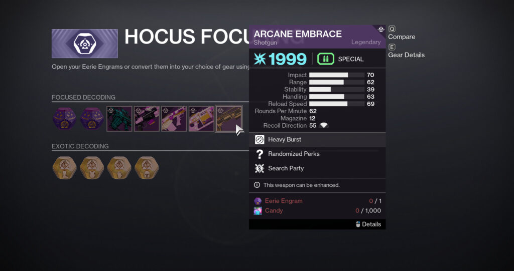 The Hocus Focus screen for Festival of the Lost in Destiny 2 with the Arcane Embrace highlighted.