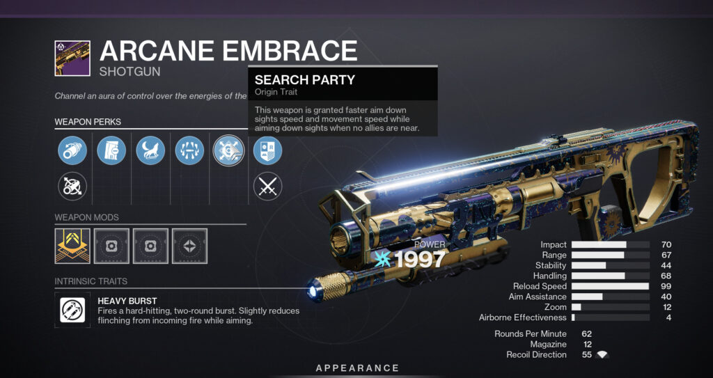 The Arcane Embrace shotgun in Destiny 2 with perks displayed.