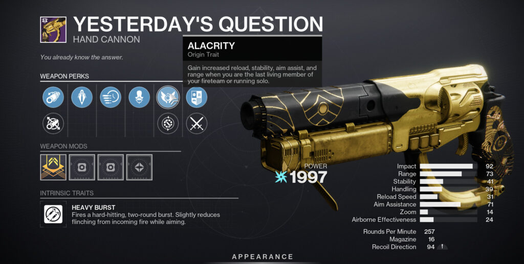 Yesterday's Question, a hand cannon in Destiny 2.