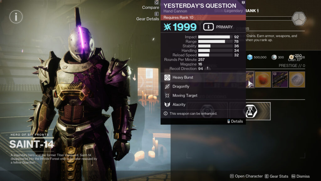 Saint-14, the Titan vendor for Trials of Osiris, in Destiny 2.