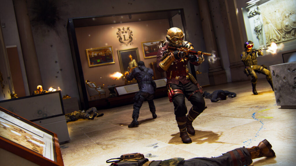 A group of soldiers fire weapons at each other in Call of Duty Black Ops 6.