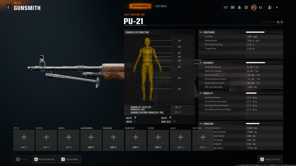 The PS-21 LMG in Call of Duty Black Ops 6, with full statistics on display.