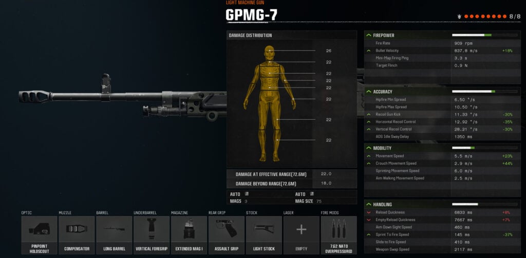 The GPMG-7 LMG weapon statistics displayed in Call of Duty Black Ops 6.